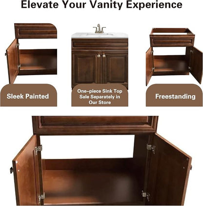 36" Maple Walnut Bathroom Vanity Base, Traditional Raised-Panel Double-Door RTA Sink Cabinet with Soft-Close Hinges, 36" W x 21" D x 34.5" H