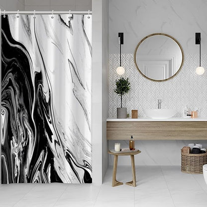Black and White Shower Curtain, Modern Abstract Black Marble Shower Curtain for Bathroom Aesthetic Ink Texture Waterproof Shower Curtain Set with Hooks, 48x72 Inch