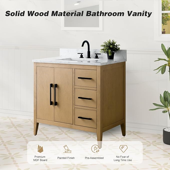 36 Inch Bathroom Vanity with Sink & Ceramic Top, Single Vanity Cabinet with Basin, Soft-Closing Doors & Matte Black Hardware, Natural Oak