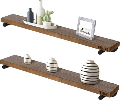 TEN49 Industrial Pipe Wood Wall Shelf - 36" Espresso Real Wooden Shelving - Modern Interior Decor Floating Shelves w/Iron Pipe Brackets - Rustic Farmhouse Style Bookshelf - Set of 2