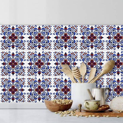 DICOFUN 32 Colorful Talavera Mexican Tile Peel and Stick Backsplash, 6" x 6" Waterproof Stick on Wall Tiles (Style 5)