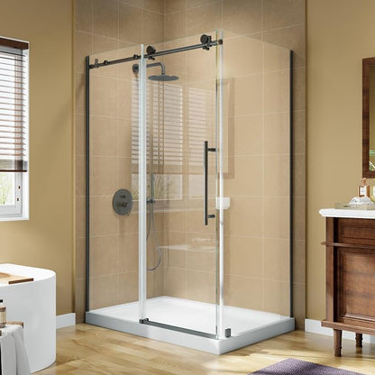 44-48”W x 34" D x 72" H Frameless Shower Enclosure, Sliding Corner Shower Door, SGCC 8mm (5/16") Tempered Glass, Buffer System, Stainless Handle&Tracks, Leak-Proof, Easy Installation, Matte Black