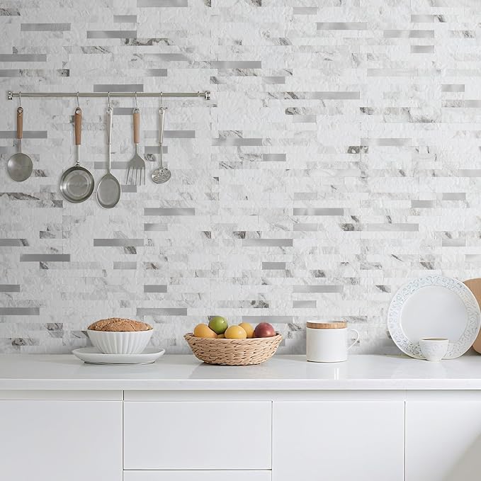 DICOFUN 2 Sheets White Marble Peel and Stick Backsplash Tile, Faux Stone PVC Mixed Metal Stick on Backsplash Kitchen Wall Tiles