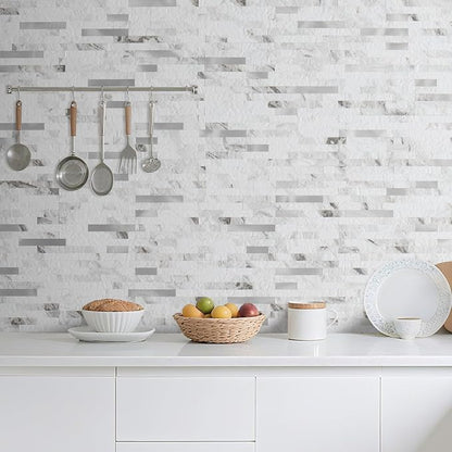 DICOFUN 2 Sheets White Marble Peel and Stick Backsplash Tile, Faux Stone PVC Mixed Metal Stick on Backsplash Kitchen Wall Tiles