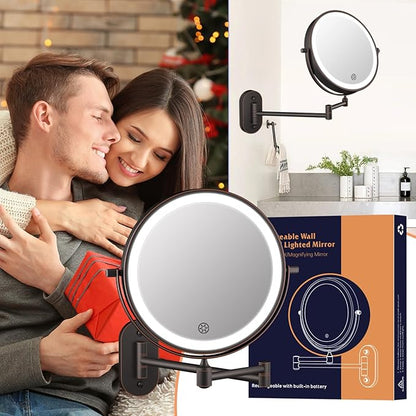 5000mAh Rechargeable Wall Mounted Lighted Makeup Vanity Mirror Double Sided 1X 30X Magnifying Bathroom Mirror, 3 Color Lighting, Touch Dimming, Extended Arm 360 Rotation Light up Mirror Antique Bronze