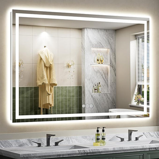 66x40 Inch LED Bathroom Mirror with Lights, Backlit & Front Lit, Anti-Fog Lighted Bathroom Vanity Mirror for Wall, Memory Function, Dimmable, HD Tempered Glass, Shatter-Proof