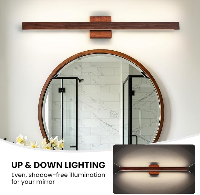 Bathroom Vanity Light 32 Inch, 26W Dimmable 5CCT LED Bathroom Light Fixture Over Mirror Brown Wood Finish Vanity Lighting Fixture Bar with Up & Down Lighting for Restroom Bedroom