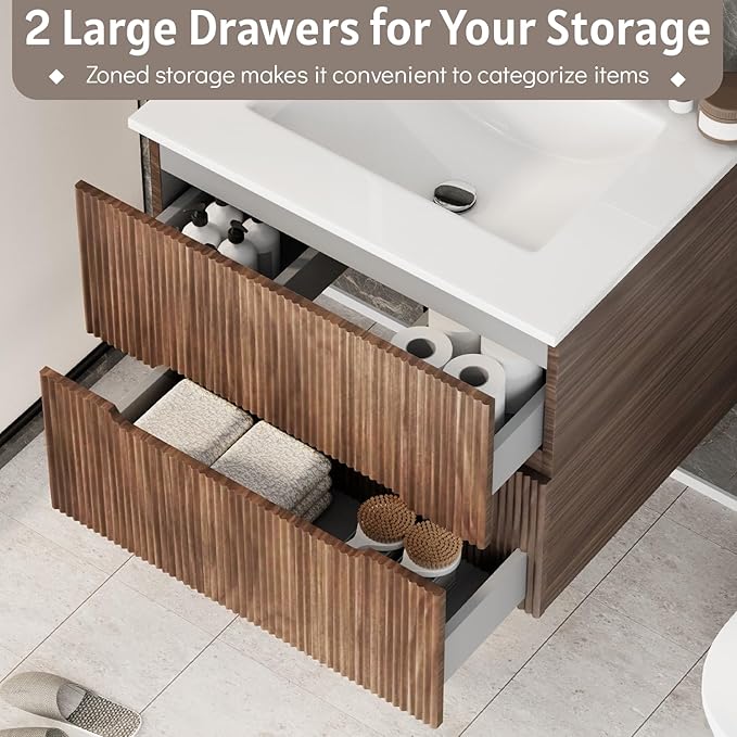 EROMMY 24 Inch Bathroom Vanity with Sink, Floating Bathroom Vanity with Ceramic Basin, Wall Mounted Bathroom Sink Cabinet Set with Soft-Close 2 Drawers, Faucet & Pop Up Drain, Walnut
