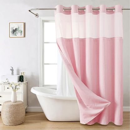 eachope No Hook Linen Texture Shower Curtain with Snap-in Liner,71x86 Pink | Extra Long,230GSM Thick Fabric,Hotel Luxury Decor,Mesh Top Window,Bottom Magnetic,Waterproof & Machine Washable,for Bathroom