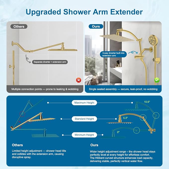 Hibbent Metal 10" High Pressure Rain Shower Head Combo, Brushed Gold | cUPC Certified Rainfall Shower Head with handheld 10 Sprays, 16'' Adjustable Extension Arm, 71'' Hose, Showerhead Holder