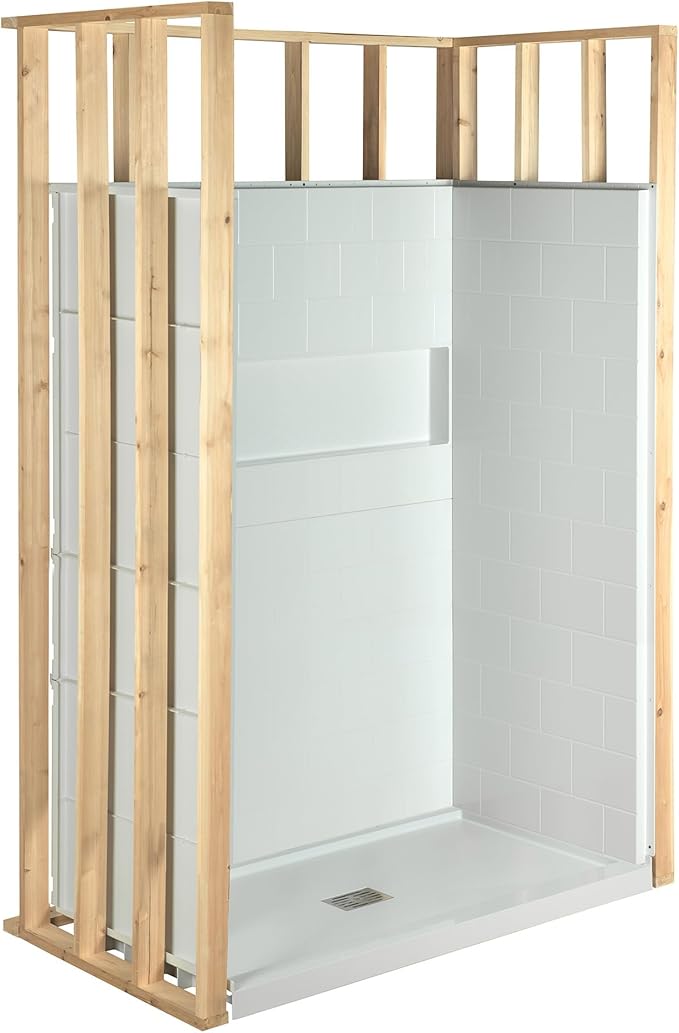 WOODBRIDGE 60"L x 32"W Shower Combo Kits with Glue Up Shower Walls in Glossy White and Shower Base with Center Drain in White