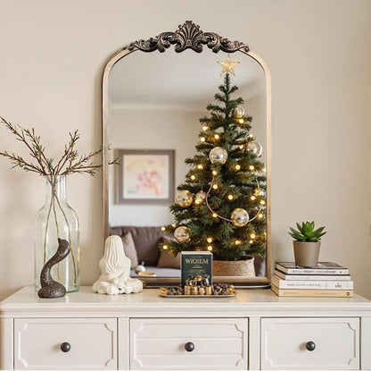 deerlove Traditional Arched Mirror with Shelf, 20.9x31.5 Inch, Antique Gold | Ornate Arched Design, Bronze Frame, Baroque Wall Mirror Shelf, For Bathroom, Bedroom, Entryway, Dining Room, Living Room