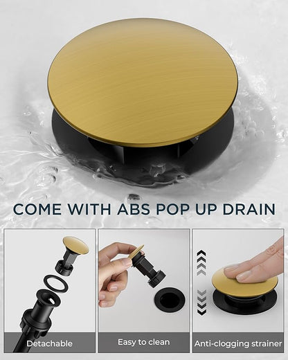 FORIOUS 4" Brushed Gold Bathroom Faucet Centerset 4 Inch, 2 Handle 2 Hole Gold Faucets for Bathroom Vanity wtih Metal Pop Up Dain, CUPC Supply Hose, High Arc Swivel Spout