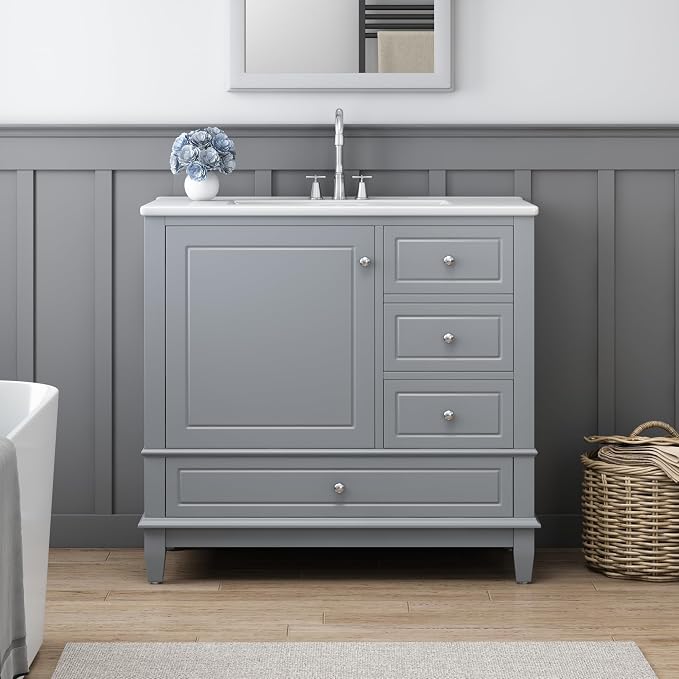 Bathroom Vanity with Ceramic Sink 36 Inch, Cabinet with One Door and Three Drawers, Soft-Closing Door, Solid Wood Legs, Gray