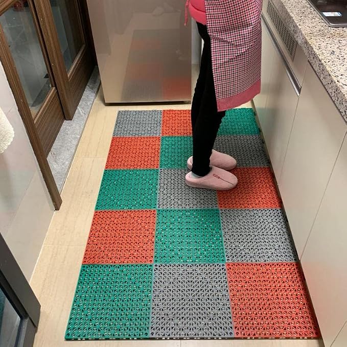 SOUJOY 12 Pieces Modular Interlocking Cushion, 11.6" x 11.6" Rubber Floor Tiles with Holes, Non-Slip Splicing Drainage Mat for Pool Shower Bathroom Kitchen Patio Balcony Yard Pet Area
