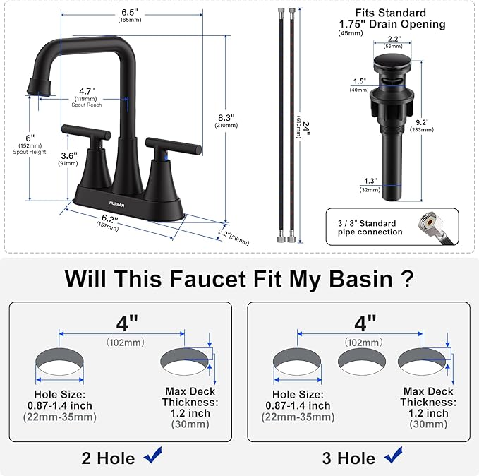 Matte Black Bathroom Sink Faucet, Hurran 4 inch Bathroom Faucets for Sink 3 Hole with Pop-up Drain and Supply Lines, Stainless Steel 2-Handle Centerset Faucet for Vanity RV Restroom