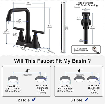 Matte Black Bathroom Sink Faucet, Hurran 4 inch Bathroom Faucets for Sink 3 Hole with Pop-up Drain and Supply Lines, Stainless Steel 2-Handle Centerset Faucet for Vanity RV Restroom