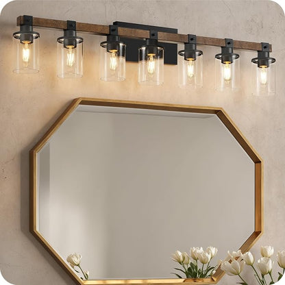 7-Light Bathroom Light Fixture, Farmhouse Vanity Lights for Bathroom with Glass Shade, Rustic Bathroom Light Fixtures, E26 Base F16BD05