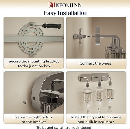 Keonjinn 3-Light Chrome Bathroom Light Fixtures Over Mirror, Crystal | Vanity Lighting Fixture with Crystal Square Shades, Dimmable, Vintage Style, Compatible with E26 Base LED Bulbs(Exclude Bulb)