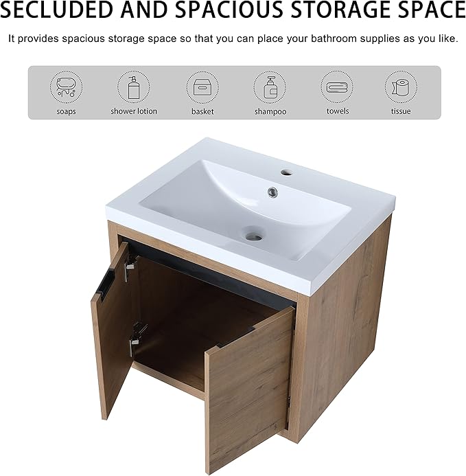24 Inch Bathroom Vanity with Sink, 24" Floating Vanity, Premium Plywood Wooden Bathroom Cabinet with 2 Doors, Modern Wall Mounted Cabinet Set with White Ceramic Sink, Silent Operation (Oak)
