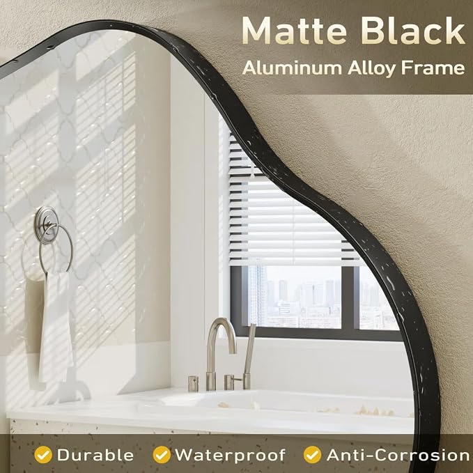 48x27 Black Irregular Mirror, Matte Asymmetrical Bathroom Mirror | Black Vanity Mirror for Bathroom Bedroom Entryway, Aluminum Frame, Shatterproof, Anti-Rust (Horizontally/Vertically)