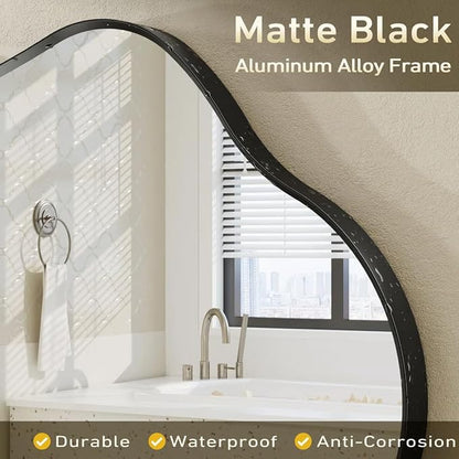 48x27 Black Irregular Mirror, Matte Asymmetrical Bathroom Mirror | Black Vanity Mirror for Bathroom Bedroom Entryway, Aluminum Frame, Shatterproof, Anti-Rust (Horizontally/Vertically)