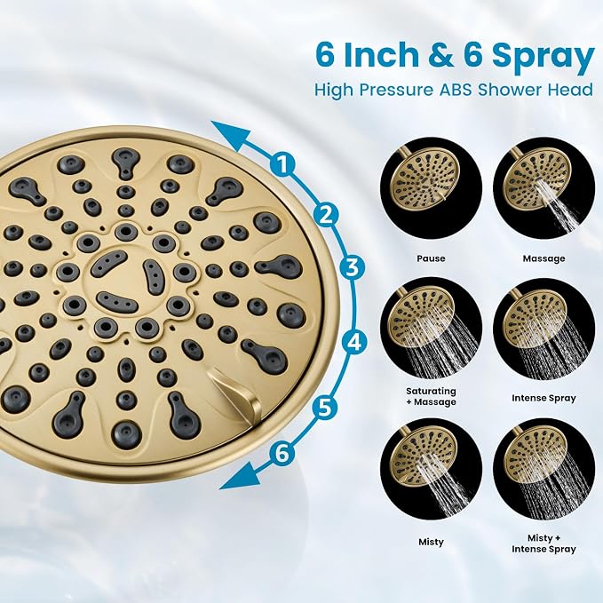 gotonovo Shower Faucet Set with Valve 6 Mode Rain Head Brushed Gold | Bathroom Shower Head and Handle Set Complete Combo,6 Mode Multi 6’’ ABS Rainfall Showerhead,Brass Valve Trim Kit,Wall Mount
