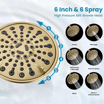 gotonovo Shower Faucet Set with Valve 6 Mode Rain Head Brushed Gold | Bathroom Shower Head and Handle Set Complete Combo,6 Mode Multi 6’’ ABS Rainfall Showerhead,Brass Valve Trim Kit,Wall Mount