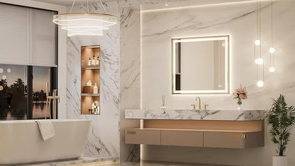 Keonjinn 42x36 Inch Gold LED Bathroom Mirror with Lights, Beveled Edge | Frontlit & Backlit, Lighted Bathroom Mirror, HD Tempered Glass, 3 Color Temperatures, Anti-fog, Stepless Dimmable