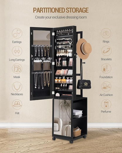 Hzuaneri 8 LEDs Jewelry Cabinet Armoire, 66.9-inch Jewelry Organizer | Lockable Full-length Mirror with Garment Rack & 4 Wheels, Storage Shelves with Hooks, 5-in-1, Black JC17004B