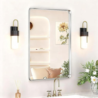 Metal Frame Wall Mount Bathroom Mirror Rectangular Round Mirror, Matte Black Vanity Mirror, Farmhouse Style, Hang Horizontally or Vertically Silver-22 L x 34" W
