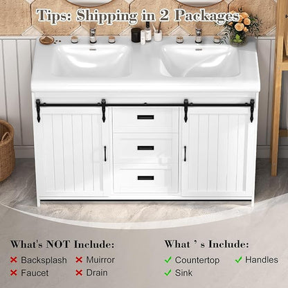 48 inch Bathroom Vanity with Sink,Farmhouse Bathroom Vanity,Double Bathroom Vanity with Sink Combo,2 Sliding Doors&2 Drawer,White,48”*19.7“*35.5”