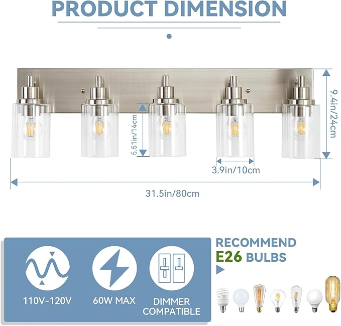 LOUSACE 5 Light Bathroom Vanity Light Brushed Nickel, Bathroom Lighting Fixtures with Clear Glass Shades Over Vanity Mirror, Modern Wall Sconces Fixtures for Bedroom Living Room, E26 Socket