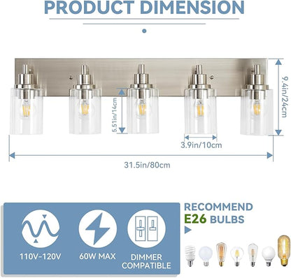 LOUSACE 5 Light Bathroom Vanity Light Brushed Nickel, Bathroom Lighting Fixtures with Clear Glass Shades Over Vanity Mirror, Modern Wall Sconces Fixtures for Bedroom Living Room, E26 Socket