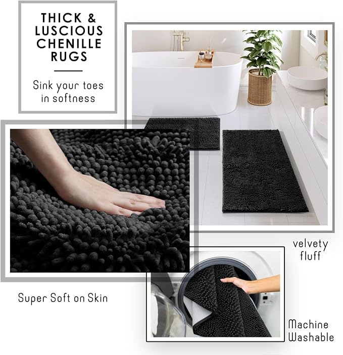 Clara Clark Bathroom Set - Black Bathroom Accessories Set, 6PC Bathroom Accessory Set, Bathroom Sets with Bathroom Rugs, Adhesive Corner Shower Caddy Hanging, Toilet Brush, Trash Can & Soap Dispenser