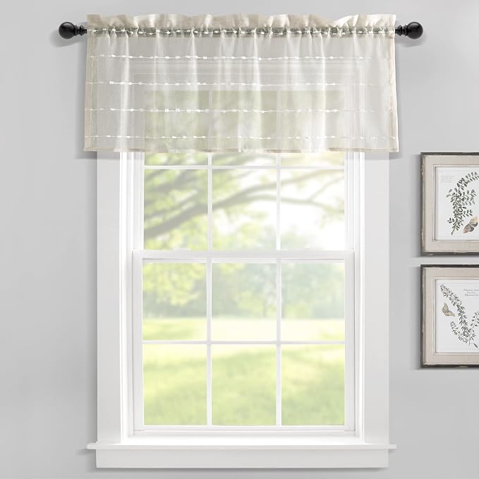 Lush Decor Farmhouse Textured Sheer Window Curtain Valance, 52"W x18"L, Beige