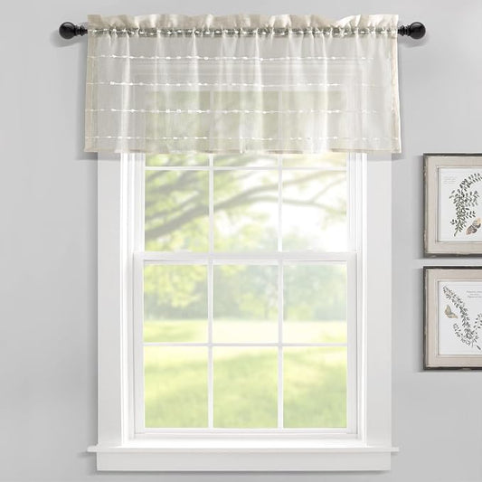 Lush Decor Farmhouse Textured Sheer Window Curtain Valance, 52"W x18"L, Beige