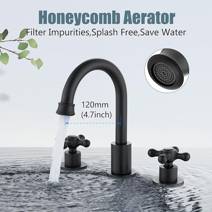 3 Hole Bathroom Sink Faucet Widespread Metal Label Matte Black | High-Arc Swivel Spout,Pop Up Drain,Cross Handle,cUPC Hose,for 6-16″Centerset Basin,Farmhouse,RV,Vanity,Lavatory 8" Mixer Tap