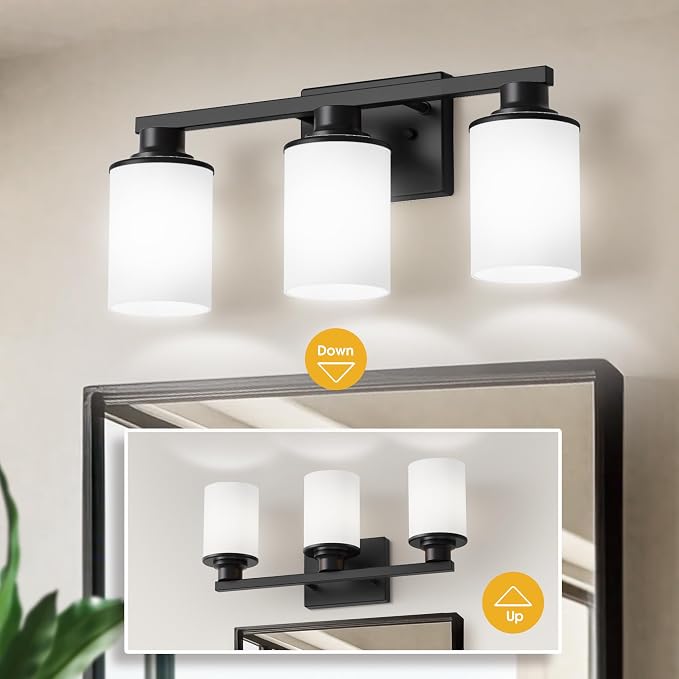 L LOHAS LED 3-Light Bathroom Vanity Light, Black | Milky White Frosted Glass Shades; Wall Sconce for Bathrooms and Bedrooms; ETL Listed