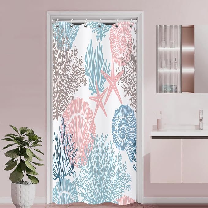 Nautical Coastal Shower Curtain, Blue Pink Ocean Beach Seashell Starfish Themed Bathroom Curtain Waterproof Fabric Machine Washable with Hooks, 36" Wx72 L