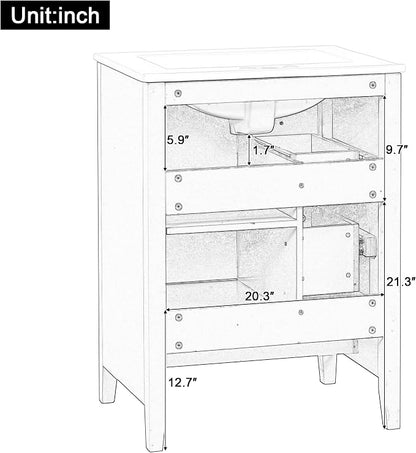 24" Bathroom Vanity with Ceramic Sink,Undermount Single Basin Bath Vanity Set w/3 Drawers and Adjustable Shelf,Modern Freestanding Storage Cabinet,MDF & Rubberwood,Green