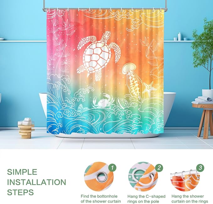 Beach Ocean Shower Curtain, Sea Turtle Drift bottle Summer Shower Curtain | Beach Shower Curtain for Bathroom Waterproof Polyester Fabric Machine Washable Home Farmhouse Decor Bath Curtains 72x72