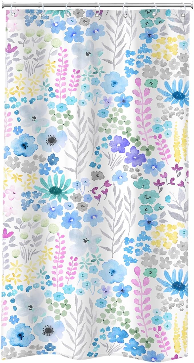 Small Stall Blue Floral Boho Wildflower Plant Bathroom Shower Curtain Set | 36"W x 72"H Watercolor Leaves; waterproof HD print, quick-dry fabric with 12 hooks for easy hanging.