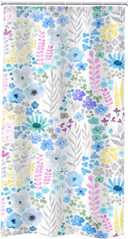 Small Stall Blue Floral Boho Wildflower Plant Bathroom Shower Curtain Set | 36"W x 72"H Watercolor Leaves; waterproof HD print, quick-dry fabric with 12 hooks for easy hanging.