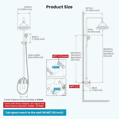 gotonovo Bathroom Exposed Shower Faucet Outdoor Shower System 8 Inch Rainfall Shower Head Set with Tub Spout and Handheld Spray Double Cross Handles Wall Mount without Shower Shelf Brushed Nickel