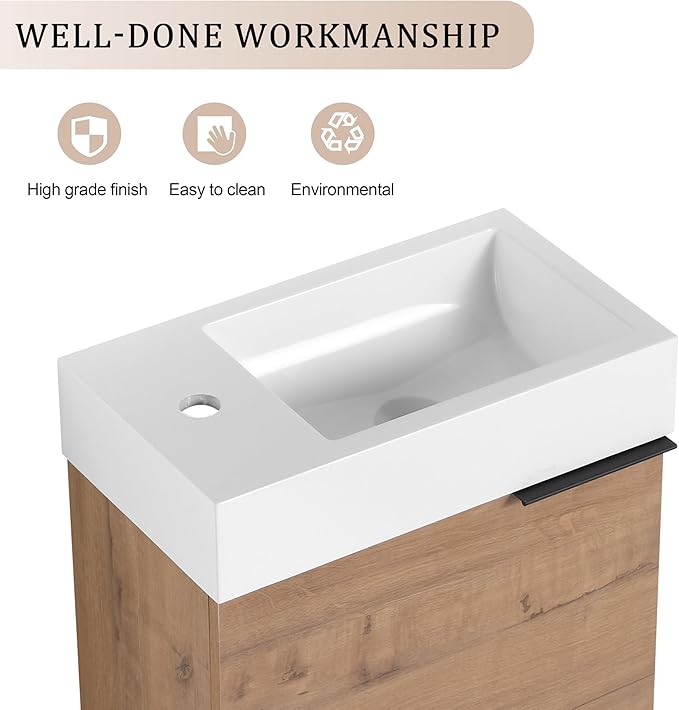 18" Small Floating Bathroom Vanity with Sink and Storage - Narrow Brown Vanity for Home