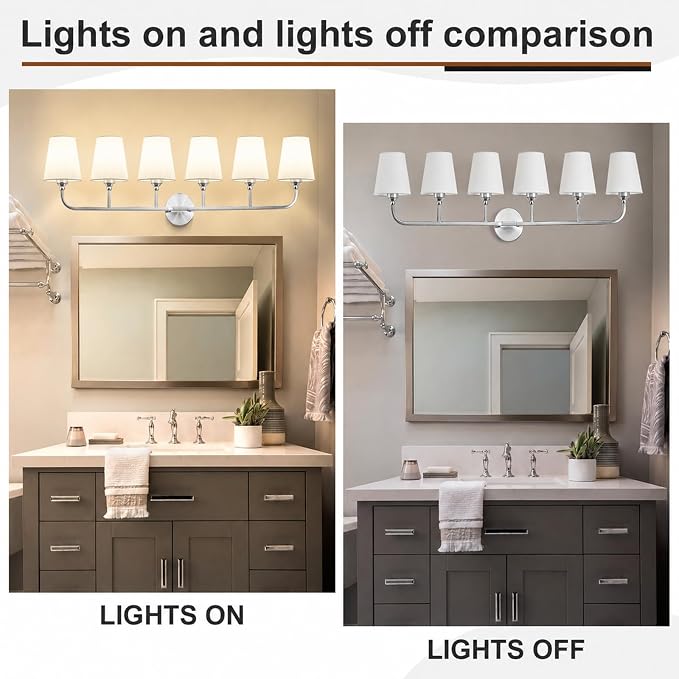 Bathroom Vanity Light Brushed Nickel Bathroom Lighting Fixtures Over Mirror | 6-Light Bathroom Light Fixtures with Flared White Fabric Shade, E26 Socket (ETL Listed)