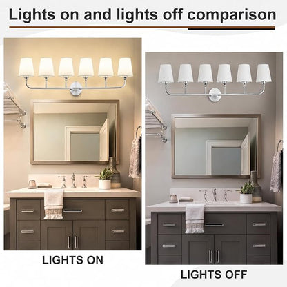 Bathroom Vanity Light Brushed Nickel Bathroom Lighting Fixtures Over Mirror | 6-Light Bathroom Light Fixtures with Flared White Fabric Shade, E26 Socket (ETL Listed)