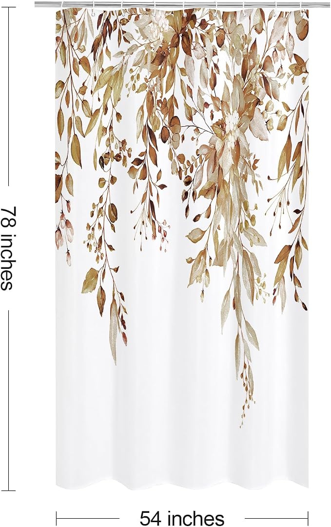 Brown Eucalyptus Shower Curtain, Watercolor Floral Print, 54x78 | Watercolor Plant Leaves Floral Print, Stall Waterproof Fabric Bathroom Decor, Machine Washable, Rustproof Grommets
