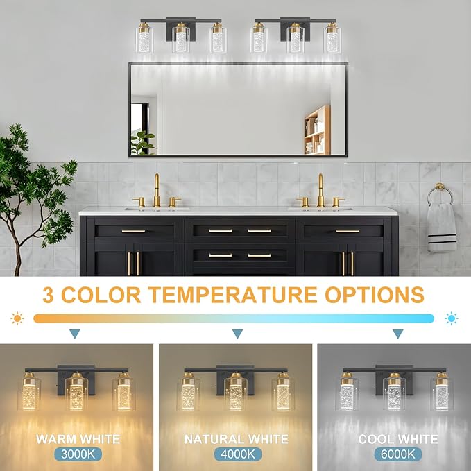 3-Light Black & Gold Bathroom Vanity Light with 3 Color Modes (3000K/4000K/6000K), Dimmable Modern Wall Light Over Mirror with Clear Glass Shade